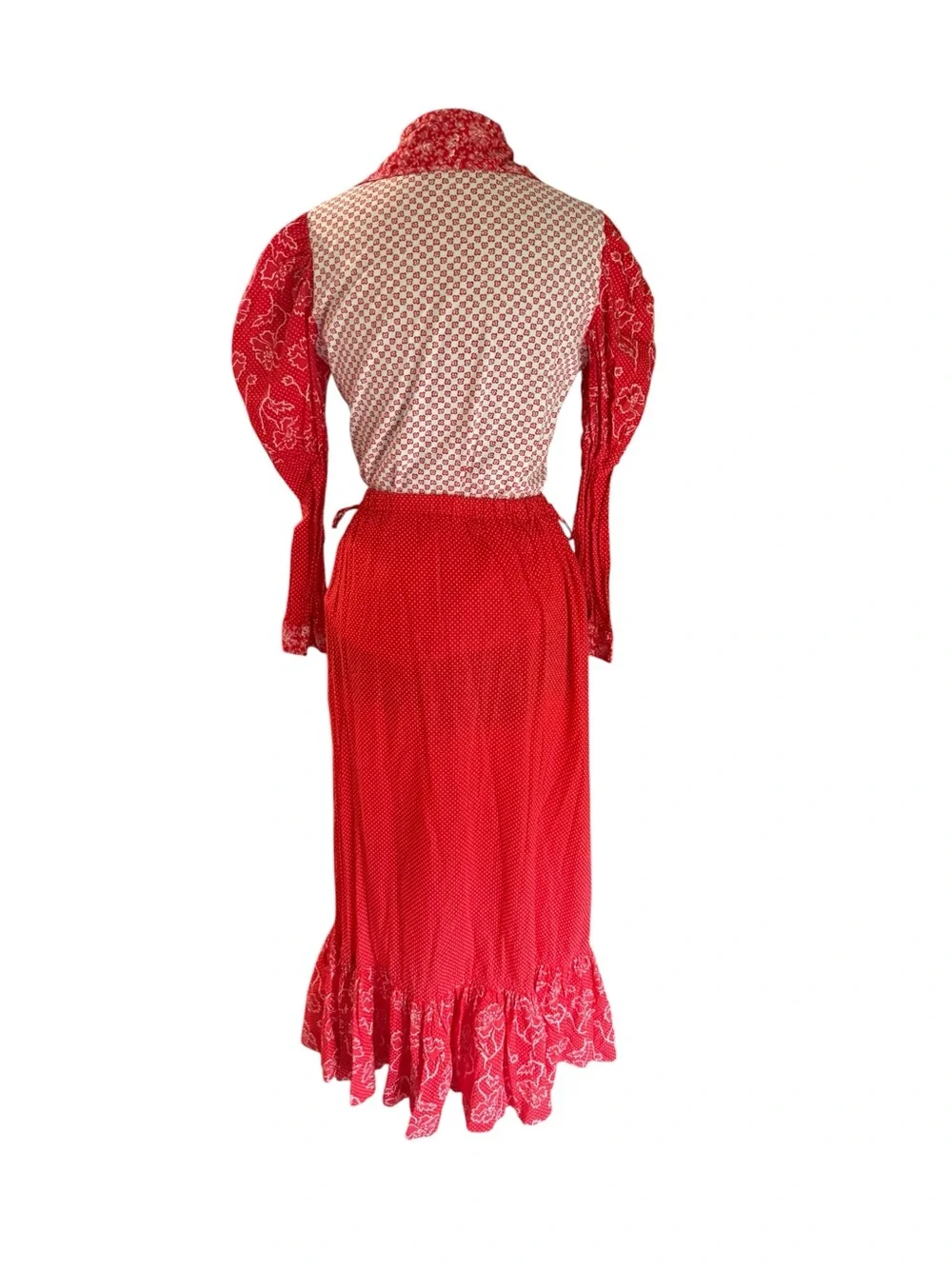 Vintage Handmade Red Prairie Cottagecore Maxi Skirt Blouse Matching Set Size S
